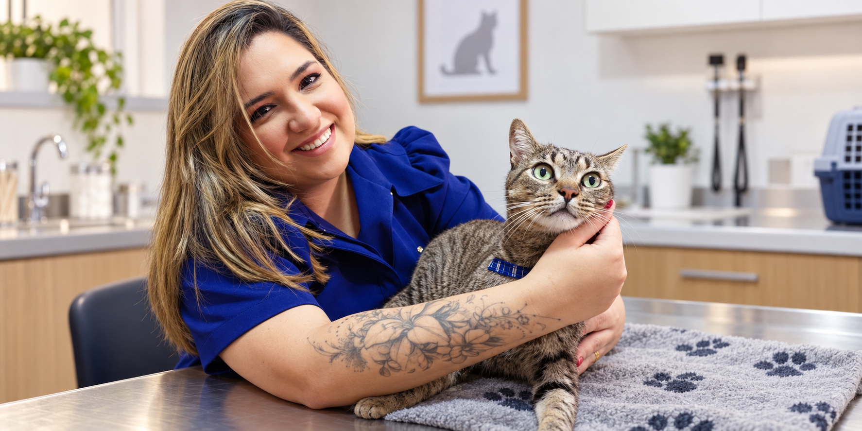 Dra. Karolliny acolhendo um gato no consultório veterinário